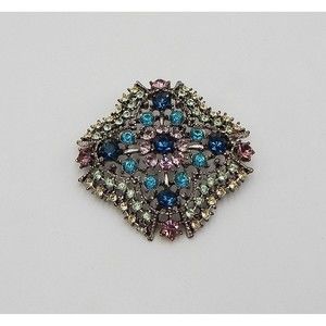 Graziano Multicolored Rhinestone Silver Brooch Pin Clover Sapphire Blue Sign